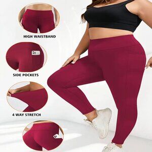 Womens Plus High Waist Yoga Leggings w/Pockets Stretchy Red Sizes 1X-3X